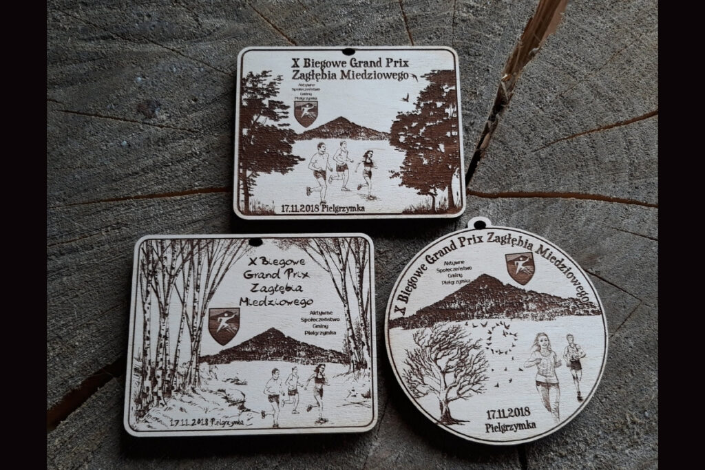 Personalizowane medale drewniane – Grand Prix Zagłębia Miedziowego Pielgrzymka, trofea jubileuszowe 2018.