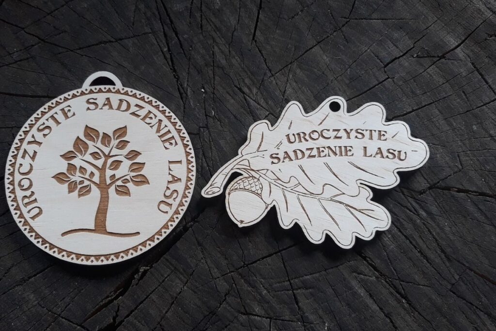 Jasny, drewniany medal z precyzyjnym grawerem drzewa iglastego i liściastego, symbolizujący odnowienie lasu i dbałość o naturę.